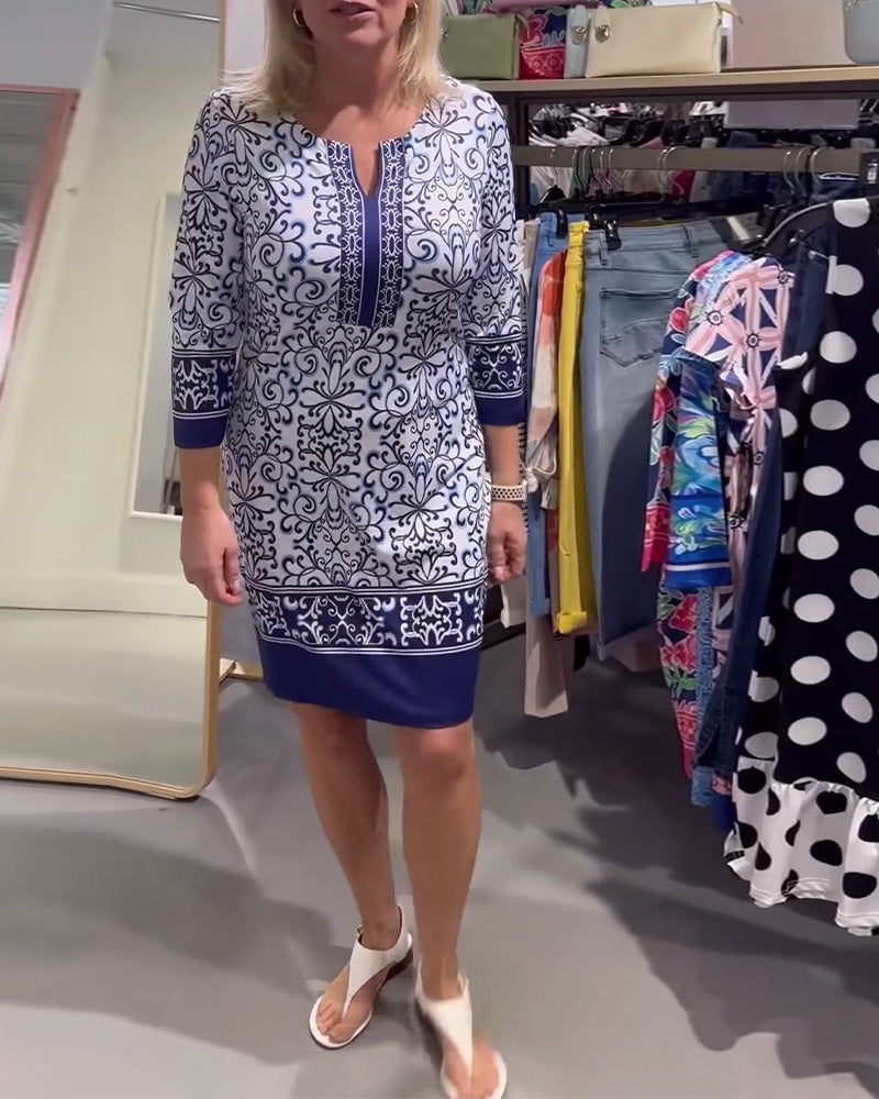 Three-Quarter Sleeve Slim Contrast Print Dress