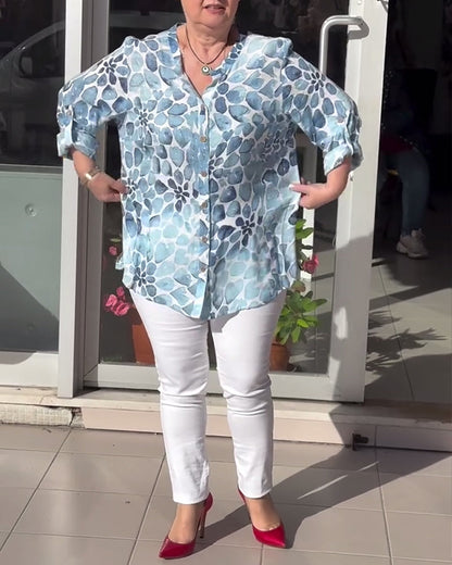 Casual printed v-neck button-down shirt 202466 blouses & shirts spring summer