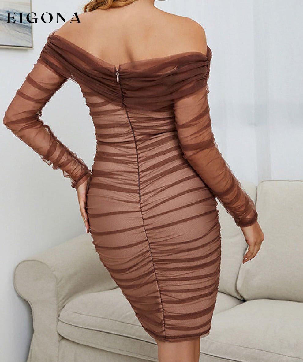 Off-Shoulder Ruched Long Sleeve Tulle Mini Dress clothes dress dresses evening dress evening dresses long sleeve dress long sleeve dresses NF Ship From Overseas