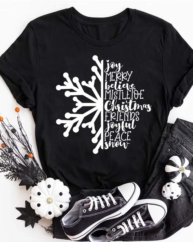 Merry christmas lettering snowflake print casual t-shirt 2024 f/w christmas summer t-shirts