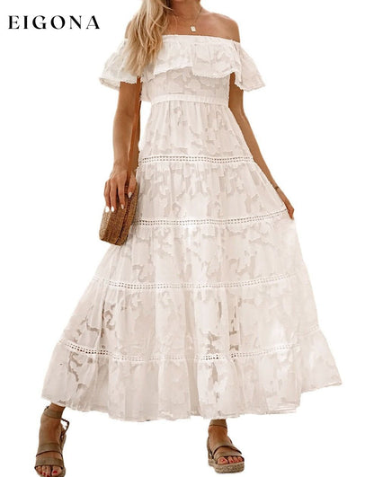 White Off-the-shoulder Ruffled Lace Maxi Dress clothes dress dresses Fabric Lace Lace maxi dress midi dress midi dresses Occasion Wedding Season Summer