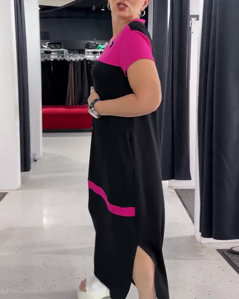 Round Neck Casual Commuting Contrast Color Dress