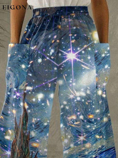 Oil Painting & Space Image Print With Pockets Wide-Leg Trousers starry