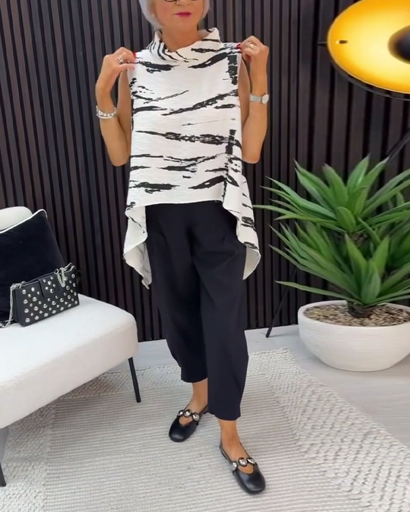 Ink Wash Painting Print Mandarin Collar Sleeveless Blouse