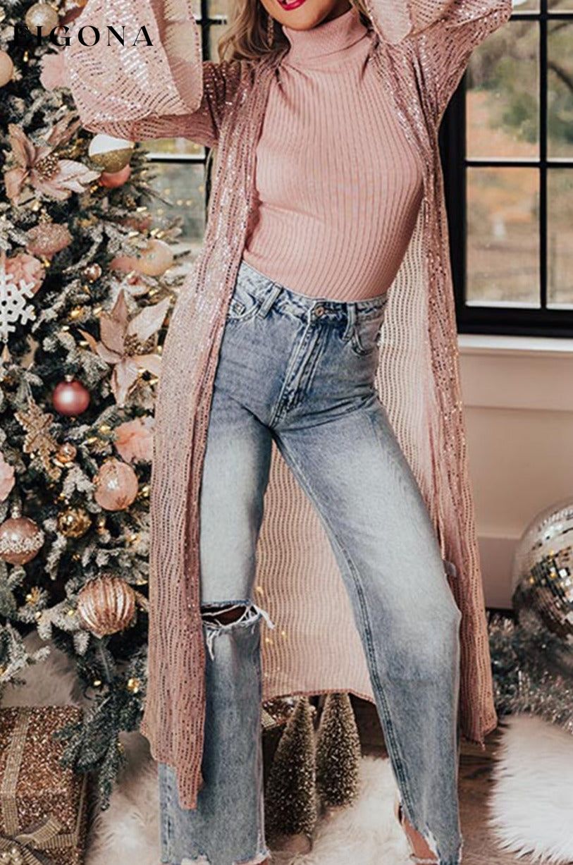 Rose Tan Open Front Long Sequin Kimono Sequin Cardigan All In Stock cardigan cardigans clothes Color Pink Craft Sequin Day Christmas Occasion Night Out Print Solid Color Season Winter Style Southern Belle Sweater sweaters