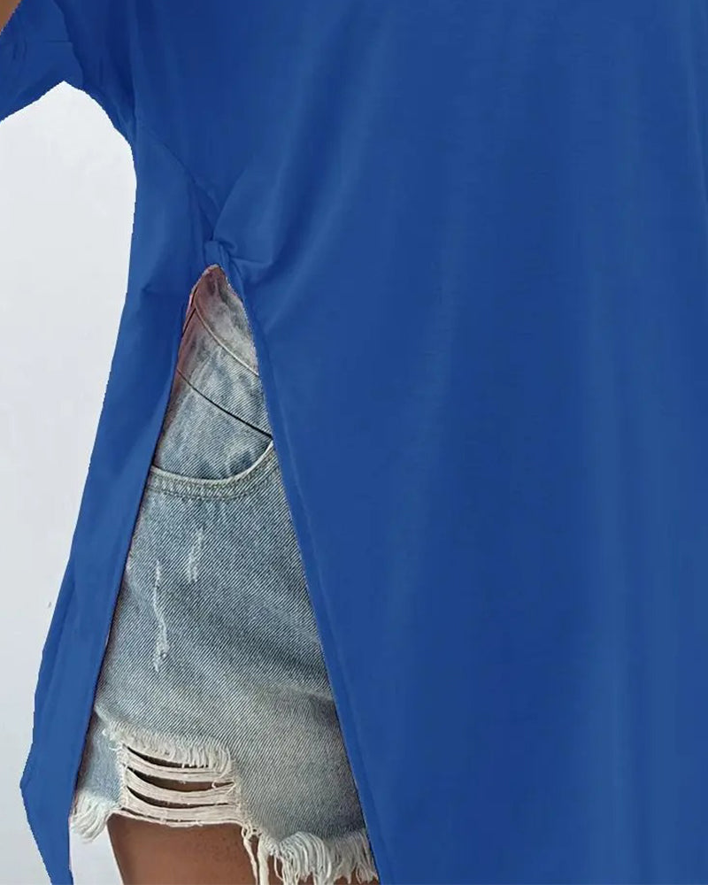 Round Neck Split Short Sleeve T-Shirt