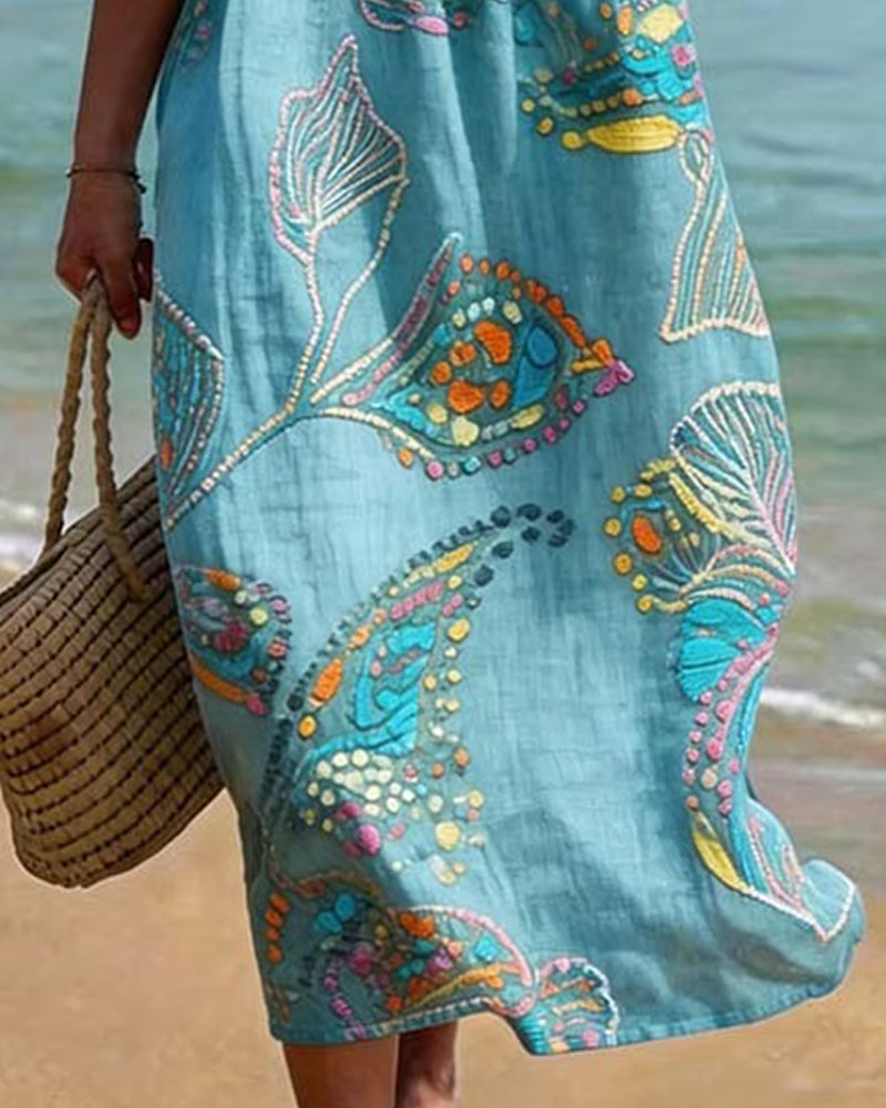 Print Round Neck Shirred Casual Dress