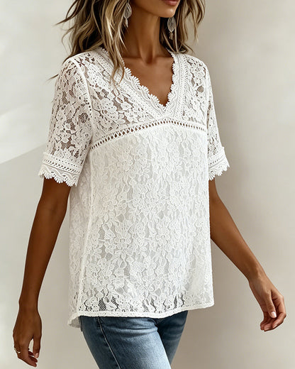 Solid Color Short Sleeve Lace Blouse