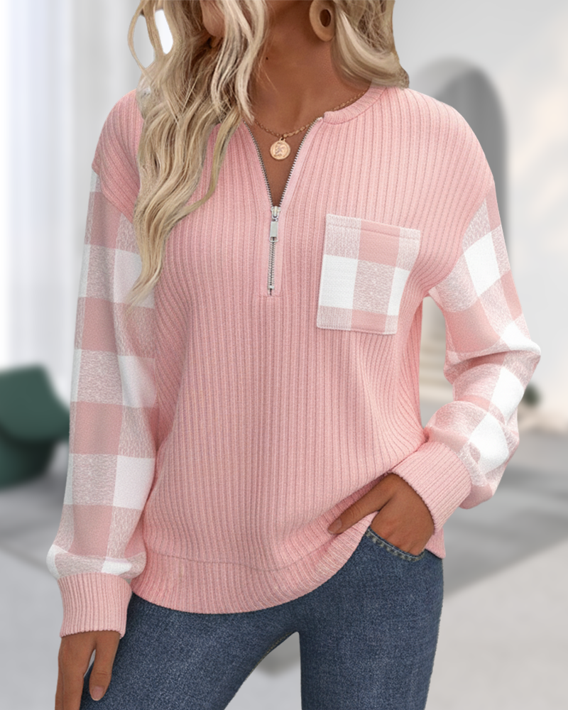 Half-Zip Plaid Patchwork Sweatshirt