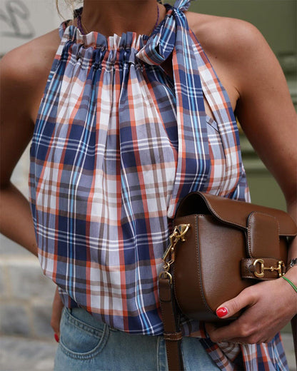 Sleeveless halterneck strappy plaid blouse blouses & shirts summer