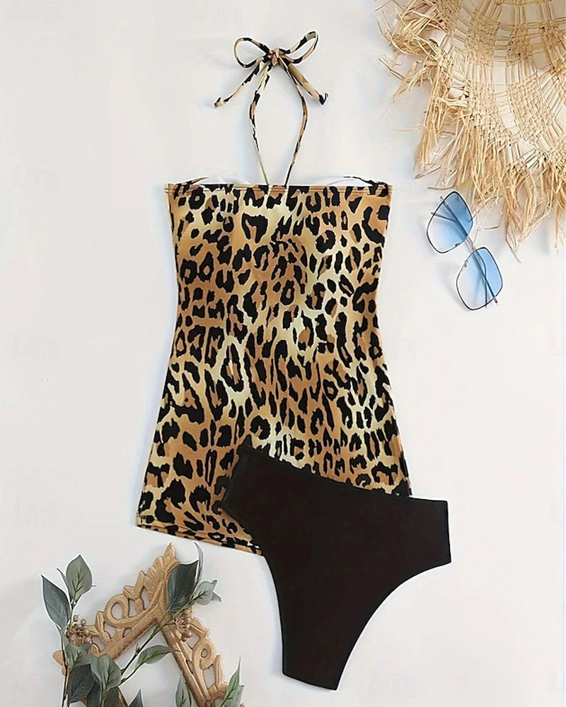 Tankini a triangolo con stampa leopardata e scollo all'americana