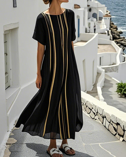 Round Neck Stripe Sheer Full Skirt Dress