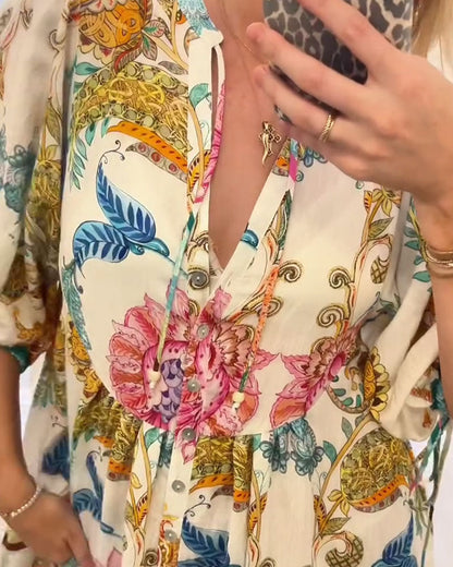 Bohemian V-Neck Printed Babydoll Dress