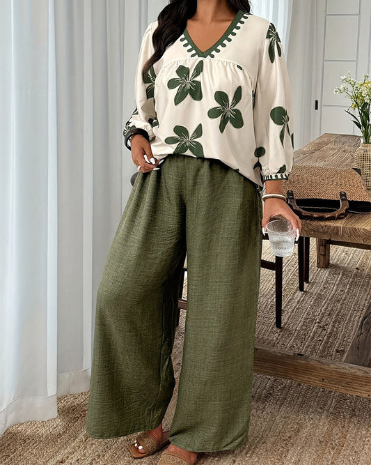Floral Print V-Neck Top Wide-Leg Pants Set spring summer two-piece sets