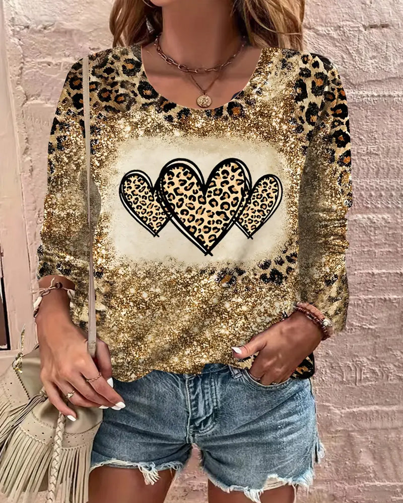 Casual Leopard Colorblock Heart Print Top