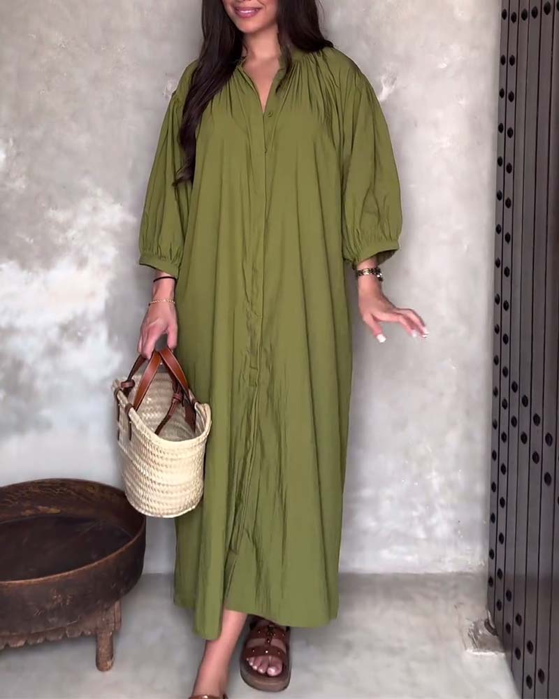 Solid color V-neck pleated loose dress casual dresses spring summer