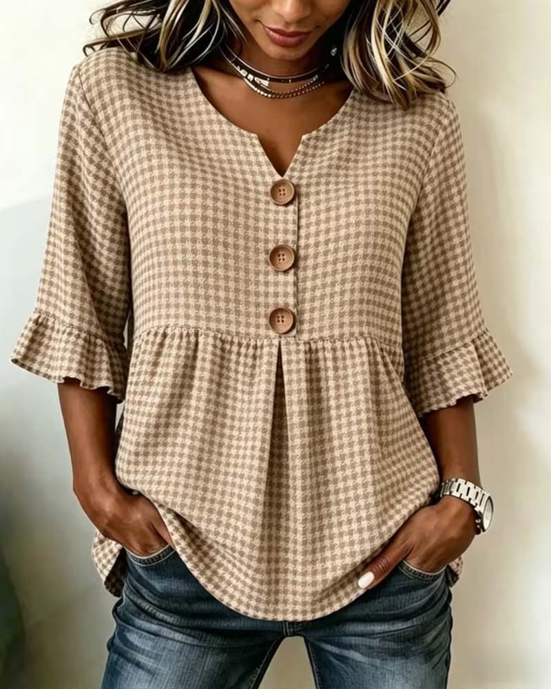Houndstooth Three-Button Casual Blouse