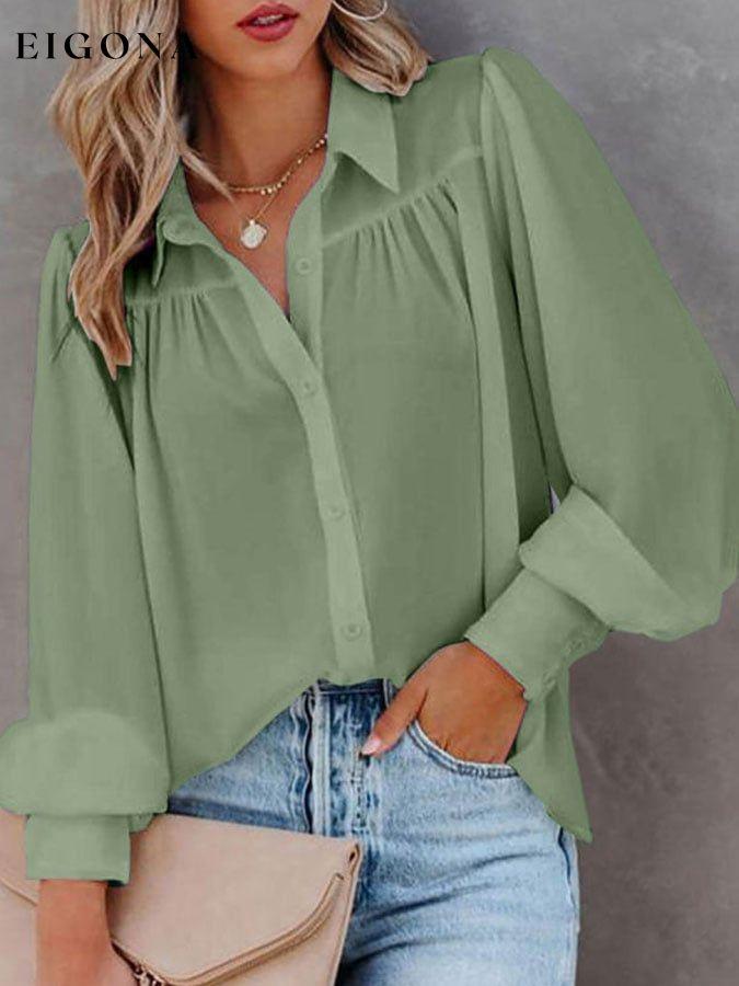 Solid Button-Up Balloon Sleeve Pleated Shirt funny