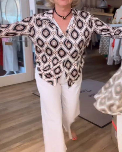 Long-Sleeved Diamond Print Blouse