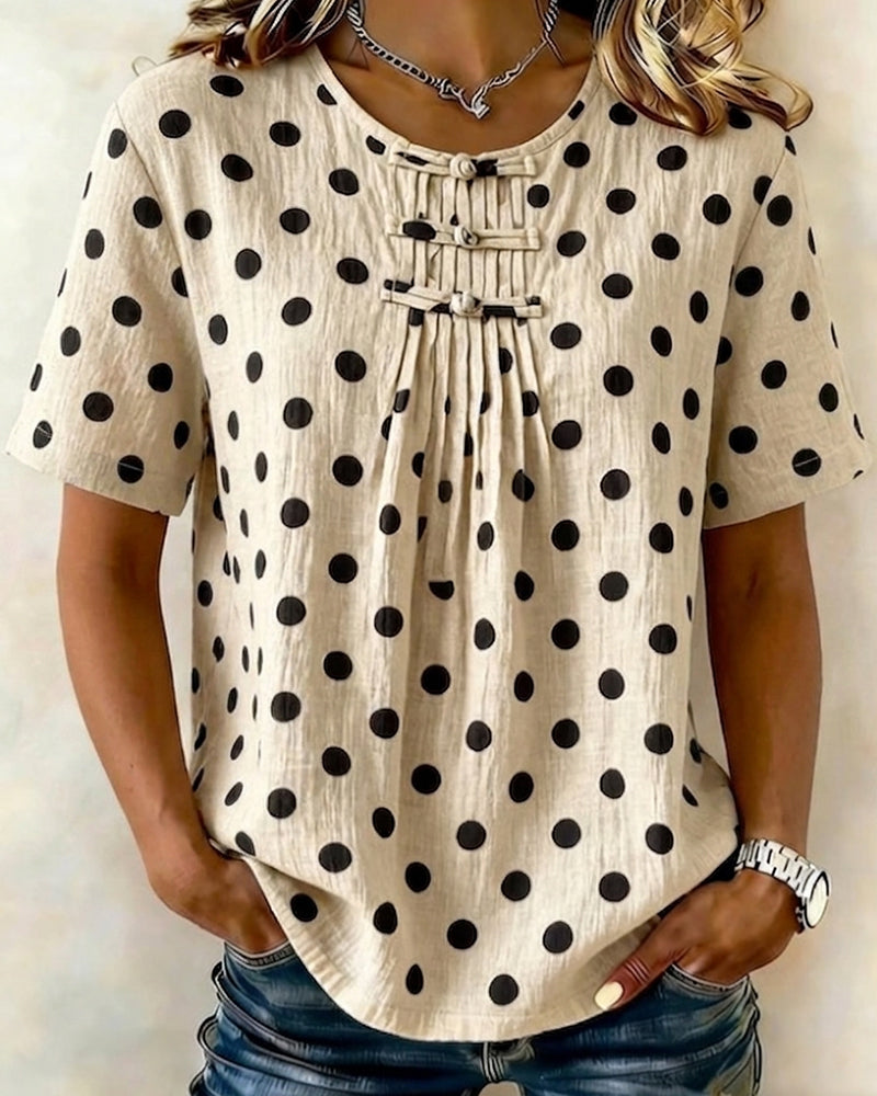 Polka Dot Frog Button Short Sleeve Blouse