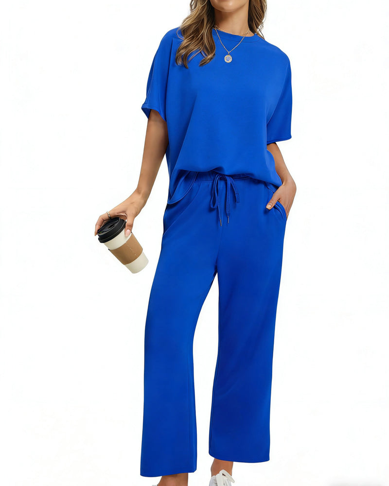 Solid Color Crew Neck Short-Sleeved Suit