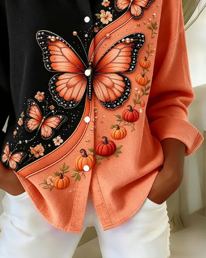 Color-Block Butterfly Print Lapel Shirt 2024 f/w blouses & shirts spring