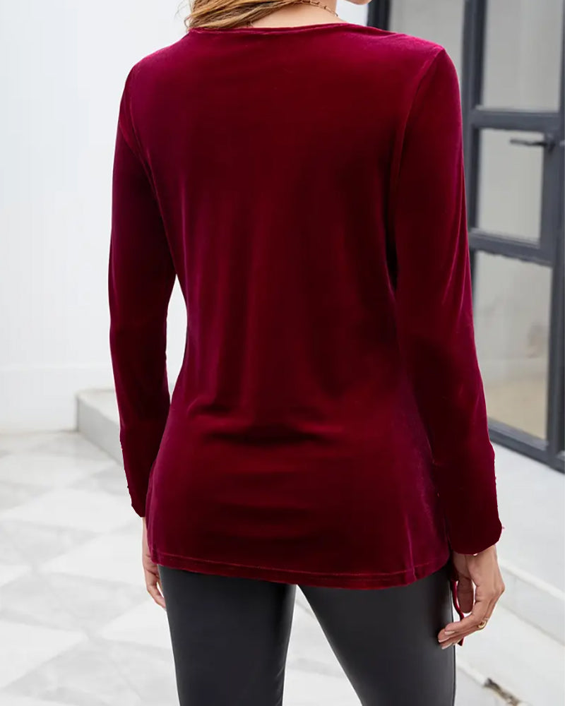 Sequined Velvet Drawstring Long Sleeve Top