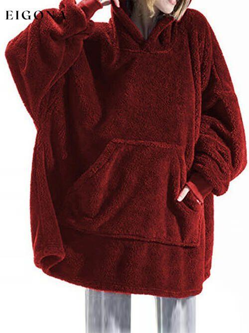 Long Sleeve Pocketed Hooded Fuzzy Sweater, Lounge Top Wine One Size clothes lounge lounge wear loungewear M@F@T Ship From Overseas Sweater sweaters Sweatshirt
