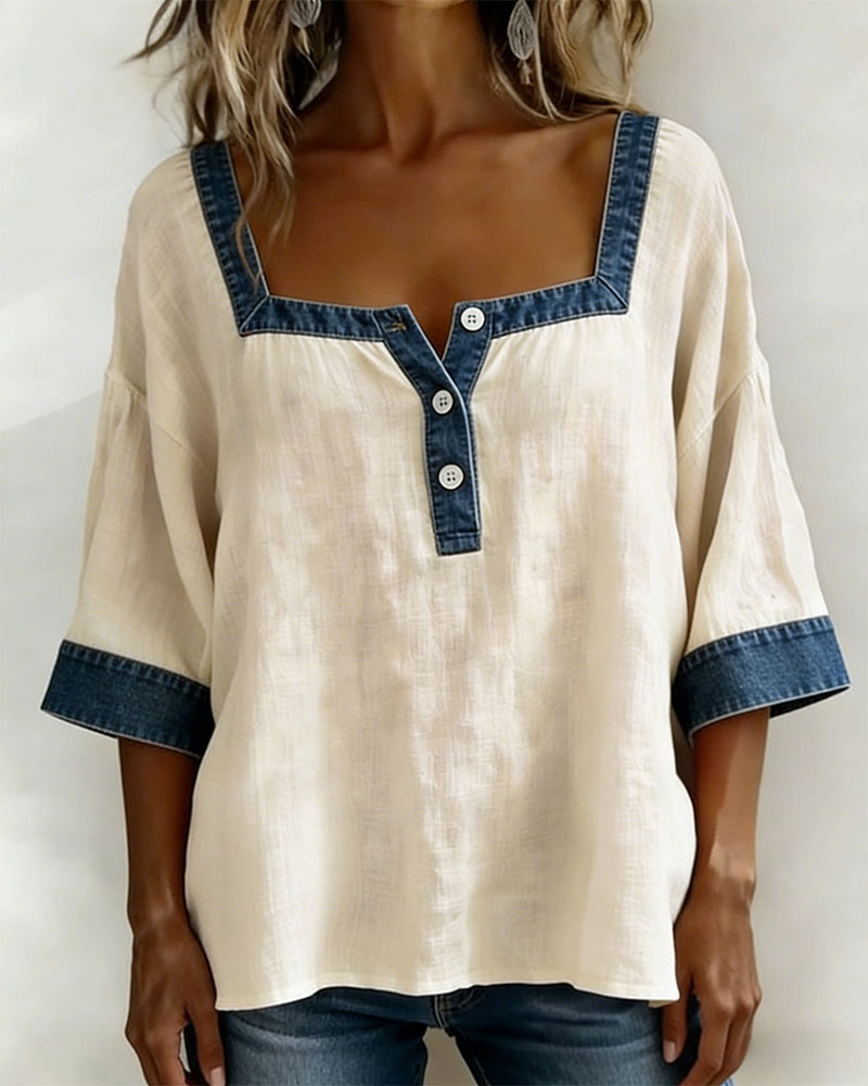 Denim-Paneled Cotton-Linen Top with Square Neckline