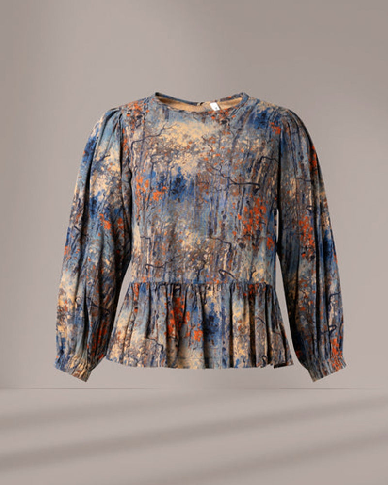 Lantern Sleeve Landscape Painting Blouse