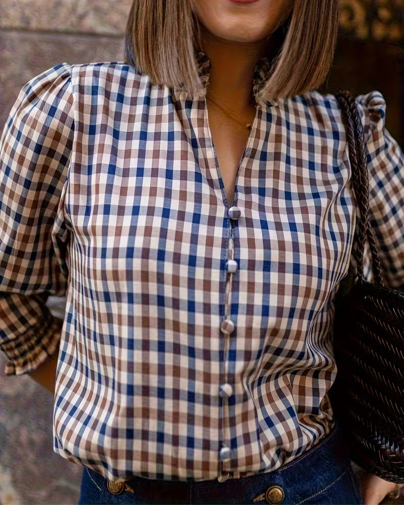 V-Neck Plaid Print Shirt