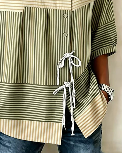 Color Block Tie Button Stripe Blouse