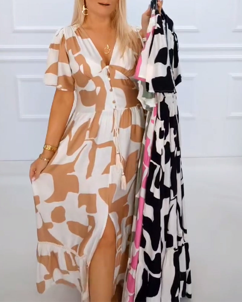 Deep V Printed Holiday Dress