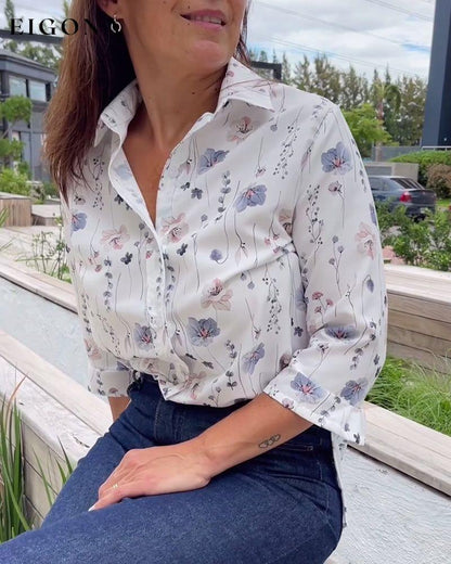 Elegant floral print lapel three-quarter sleeve shirt blouses & shirts Spring Summer