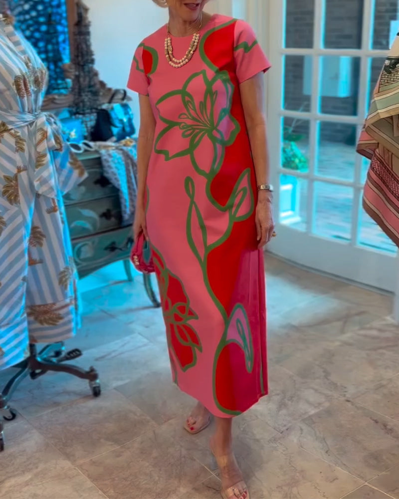 Color-Blocked Floral Print Straight Dress