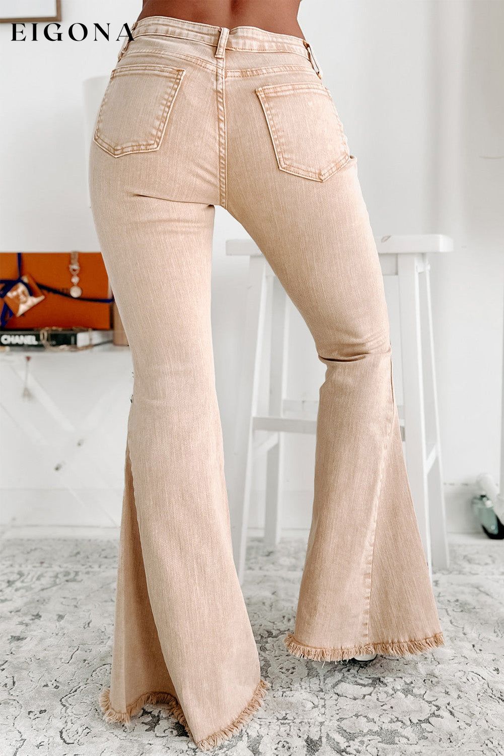 Khaki Raw Edge Mid Waist Flared Jeans All In Stock Best Sellers bottom clothes Craft Distressed Early Fall Collection Fabric Denim Occasion Daily pants Print Solid Color Season Spring Silhouette Flare Style Casual Style Modern