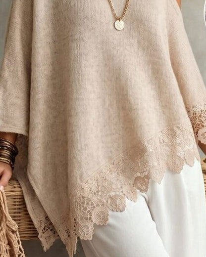 One-Shoulder Lace Hem Patchwork Pullover 2024 f/w pullovers
