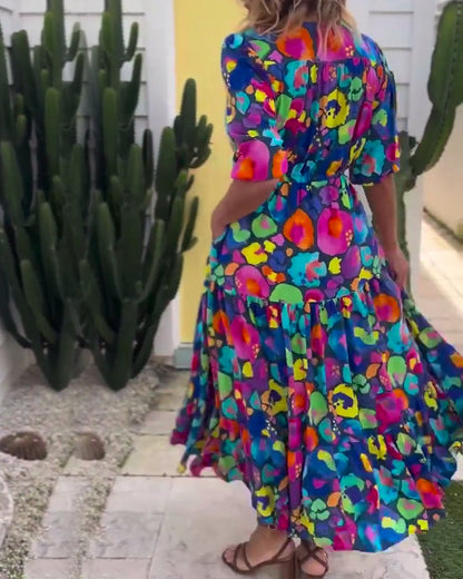 Lantern Sleeve Tie-Drawstring Printed V-Neck Dress