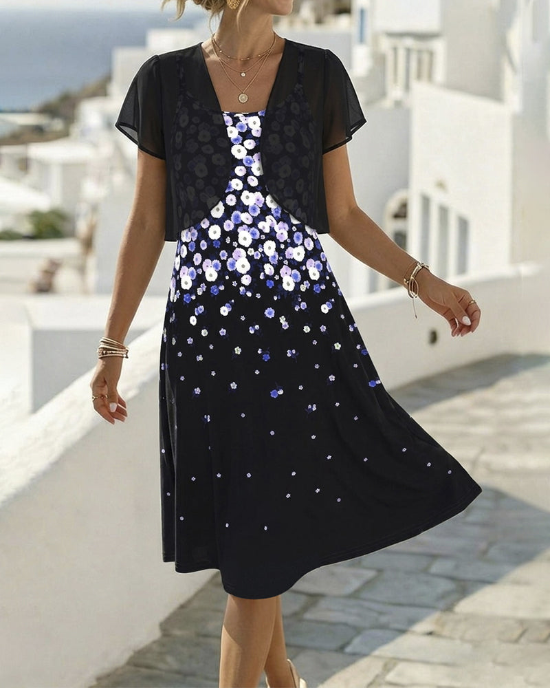 Gradient Floral Dress + Mesh Shawl Set