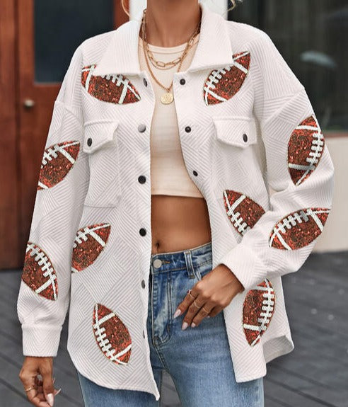 Sequin Football Patch Collared Neck Snap Button Jacket White clothes Jacket Jackets & Coats long sleeve shirts long sleeve top Ship From Overseas SYNZ