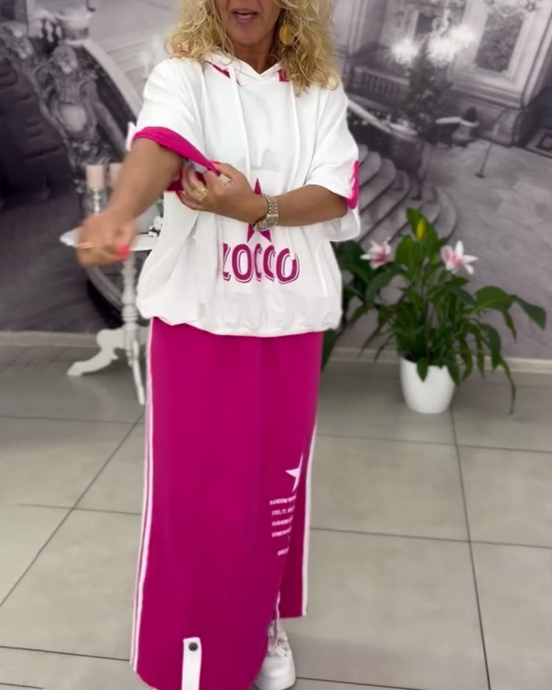 Hooded Drawstring Printed Skirt Set