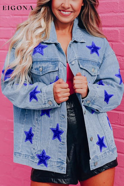 Bluing Sequin Star Flap Pocket Denim Jacket All In Stock Category Shacket clothes Color Blue Craft Sequin EDM Monthly Recomend Fabric Denim Hot picks Occasion Daily Season Fall & Autumn Style Western