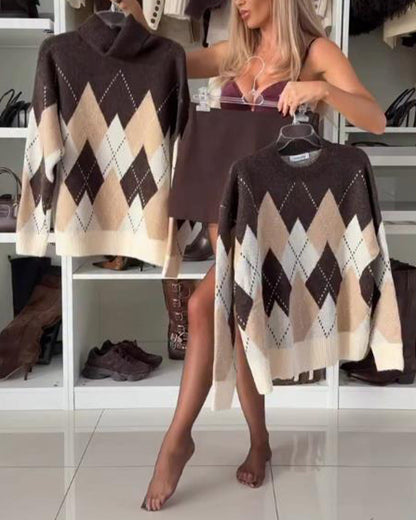 Argyle Turtleneck Oversized Sweater