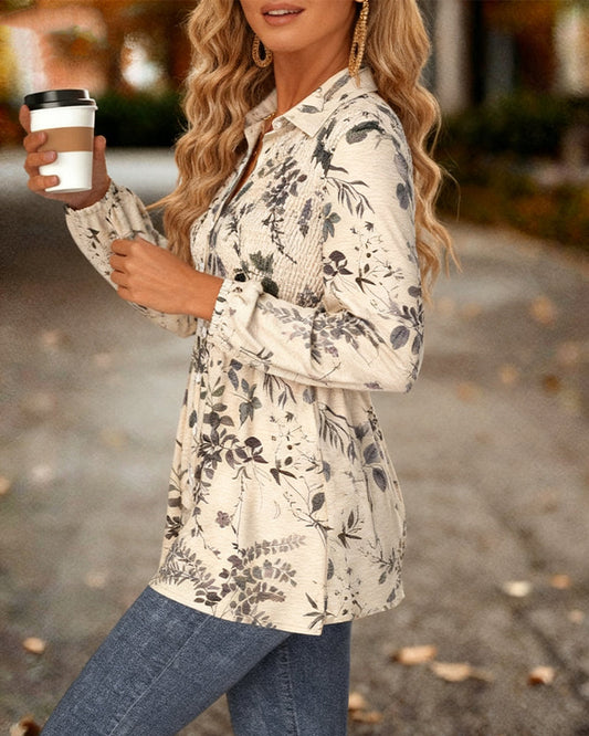 Lapel Pleated Printed Shirt