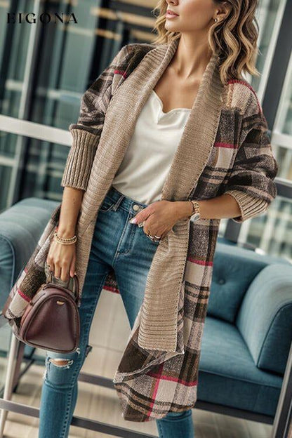 Plaid Open Front Long Sleeve Long Cardigan Tan cardigan cardigans clothes Ship From Overseas Sweater sweaters SYNZ