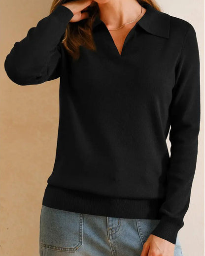 Lapel V-Neck Solid Fitted Top