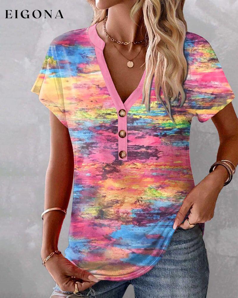 Colorful V-neck short-sleeved buttoned T-shirt spring summer T-SHIRTS