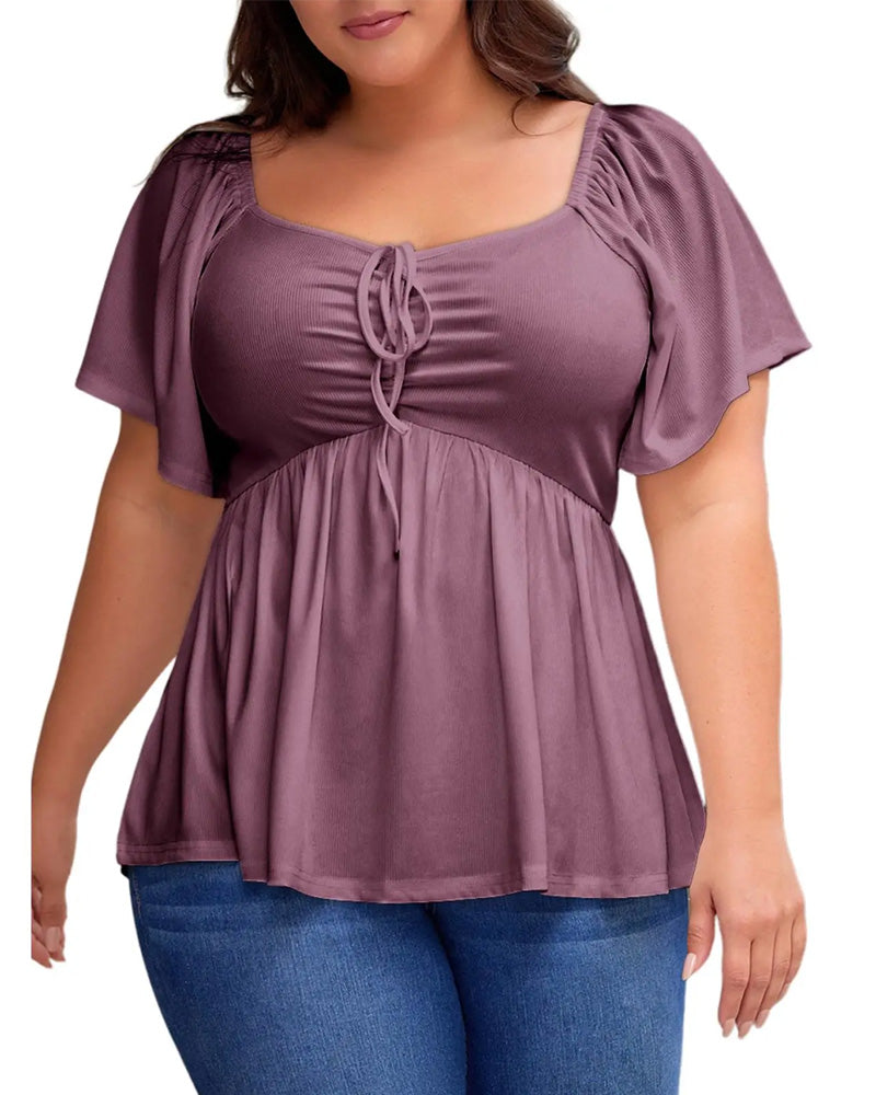 Large Size Square Neck Bubble Sleeve T-Shirt