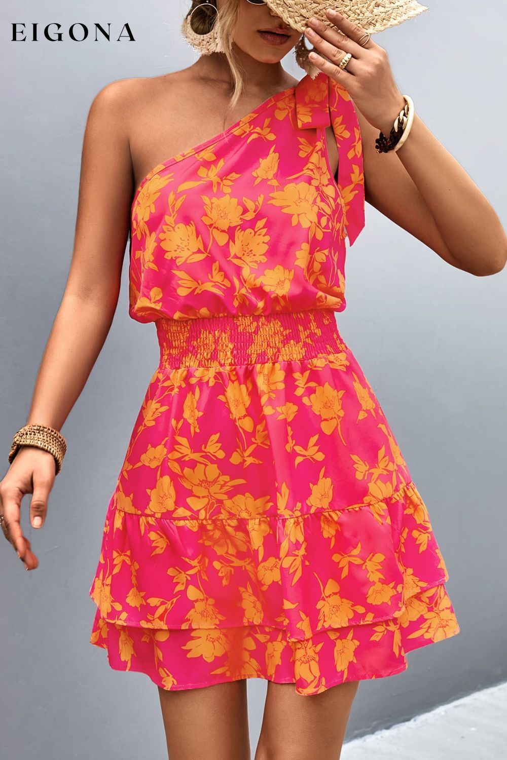 Floral Smocked Waist Tied One-Shoulder Dress Red Orange casual dress casual dresses clothes dress dresses Ship From Overseas short dresses trend YO