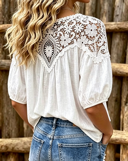Puff Short Sleeve Lace Patchwork V-Neck Blouse